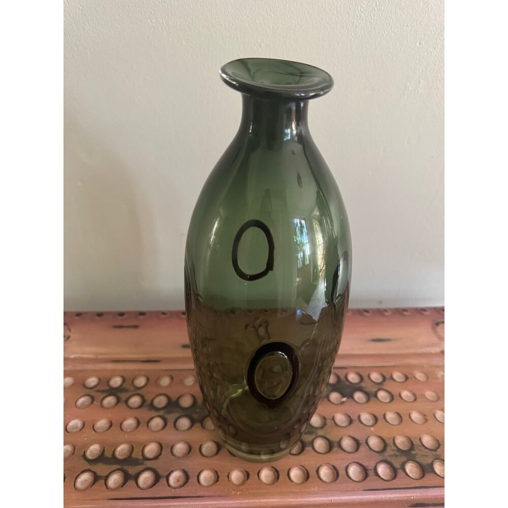 Vintage MCM Olive Green Art Glass Vase 13.5” Applied Oval Lens Italian Style